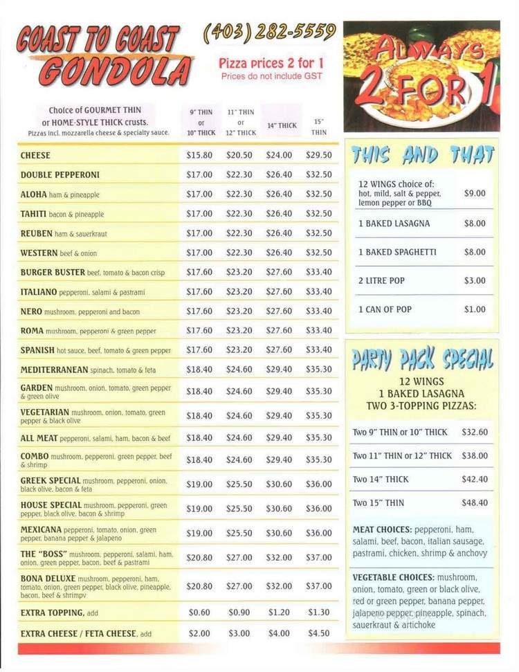 Coast To Coast Pizza - Calgary, AB menu_pic
