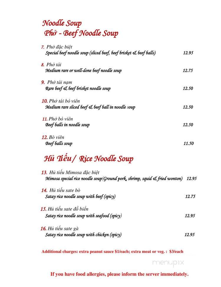 Mimosa Vietnamese Restaurant - Calgary, AB menu_pic