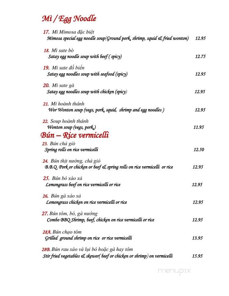 Mimosa Vietnamese Restaurant - Calgary, AB menu_pic