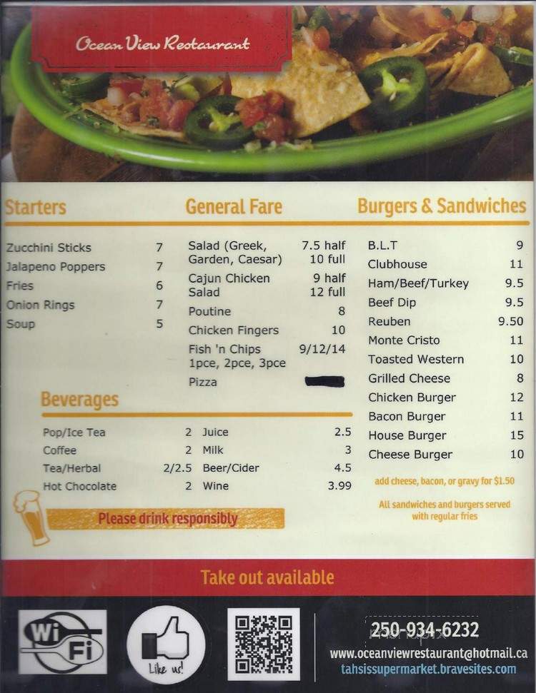 Oceanview Cafe & Restaurant - Tahsis, BC menu_pic