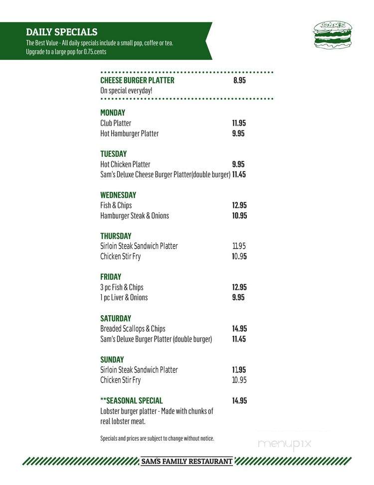 Sam's Family Restaurant - Rusticoville, PE menu_pic