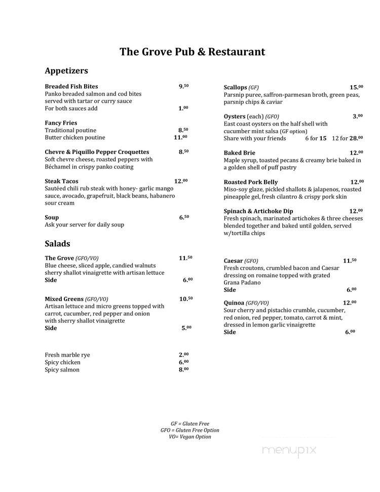 The Grove Pub and Restaurant - Winnipeg, MB menu_pic