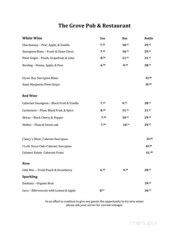 The Grove Pub and Restaurant - Winnipeg, MB menu_pic