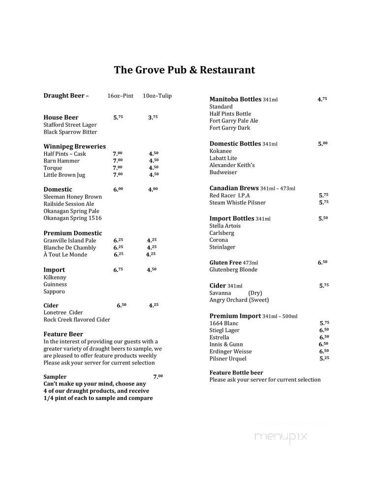 The Grove Pub and Restaurant - Winnipeg, MB menu_pic