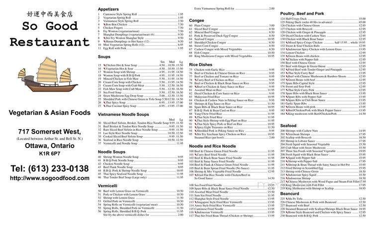 So Good Restaurant Inc - Ottawa, ON menu_pic