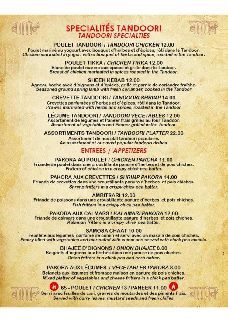 Restaurant Atma - Montreal, QC menu_pic