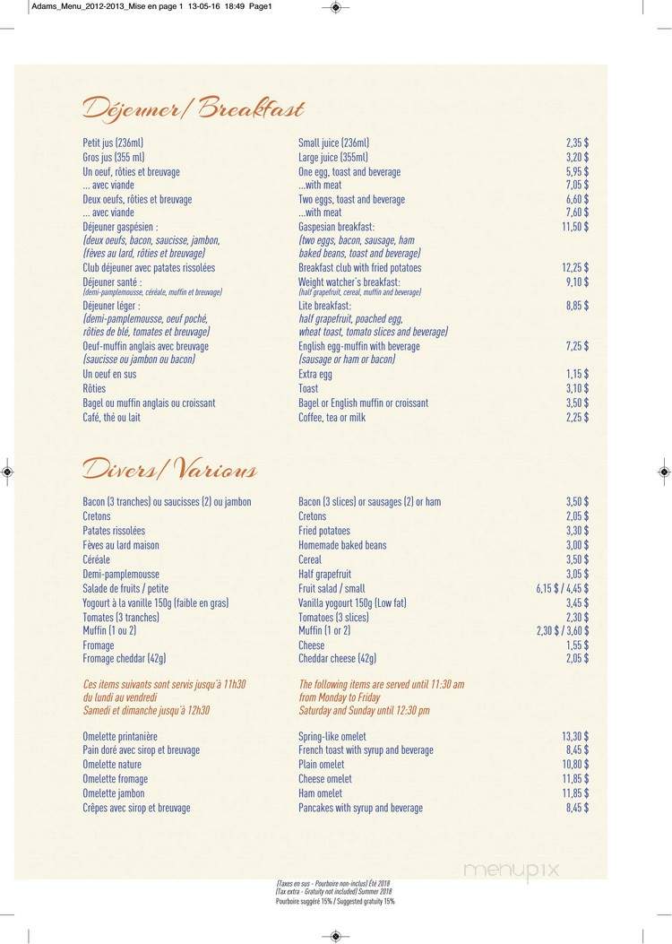 Restaurant Adams - Gaspe, QC menu_pic