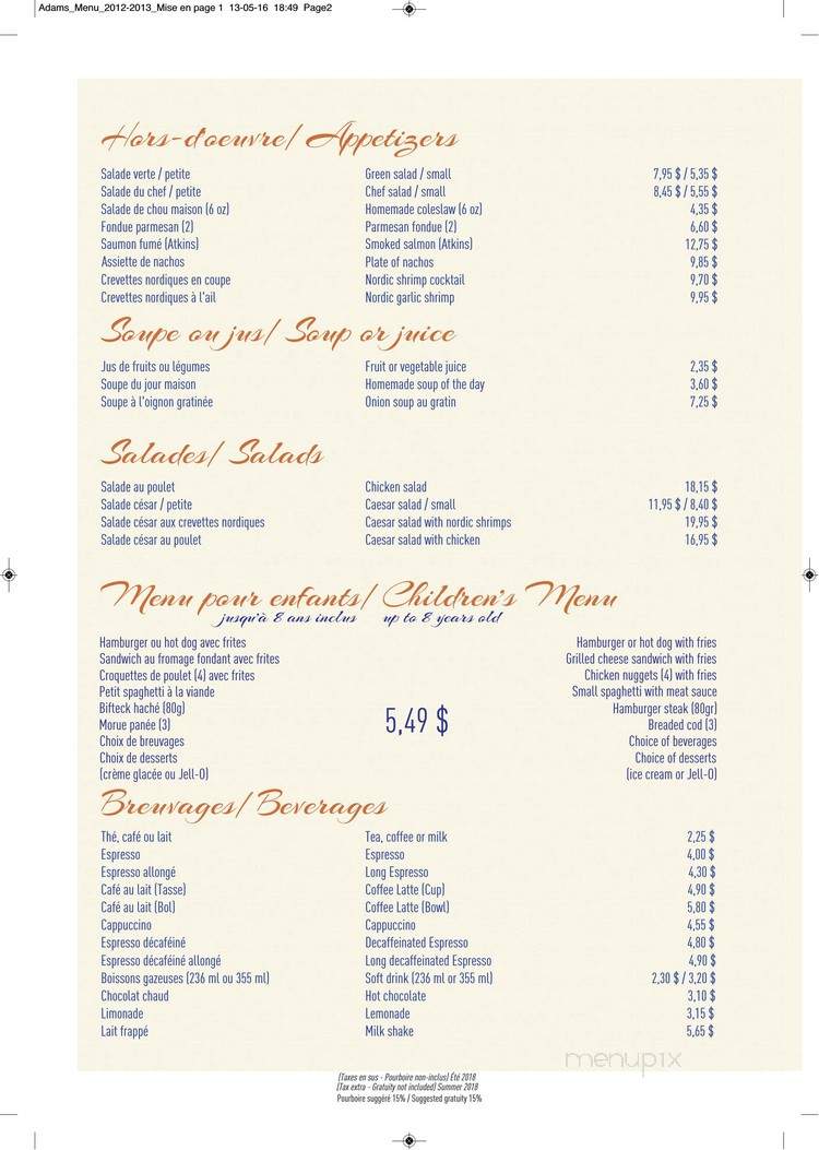 Restaurant Adams - Gaspe, QC menu_pic