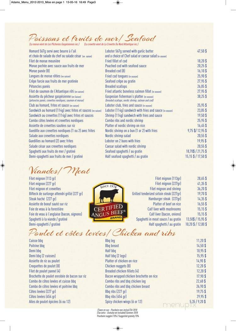 Restaurant Adams - Gaspe, QC menu_pic