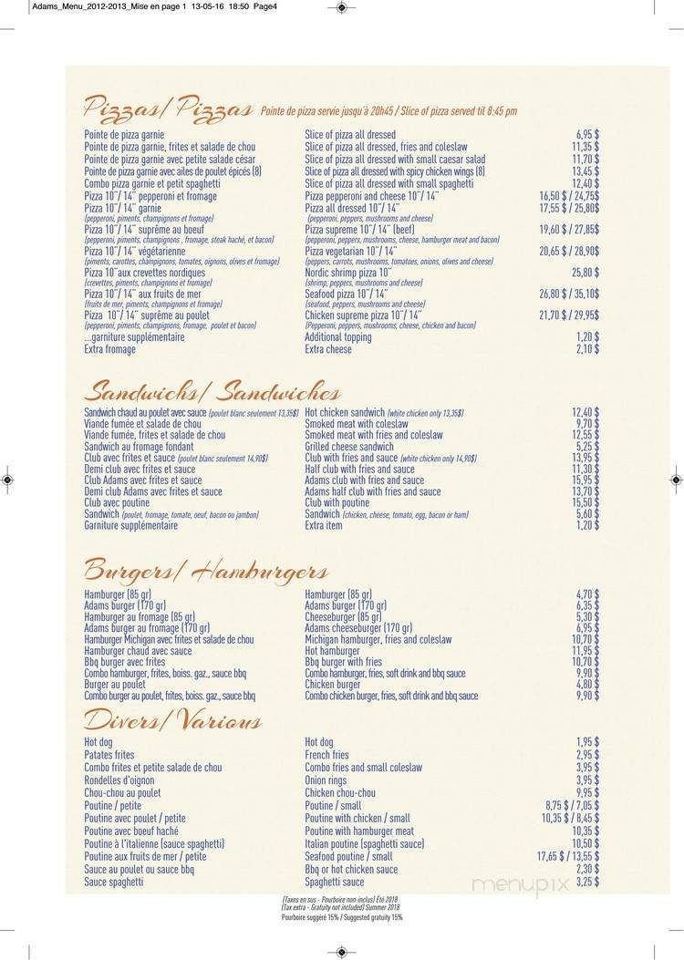 Restaurant Adams - Gaspe, QC menu_pic