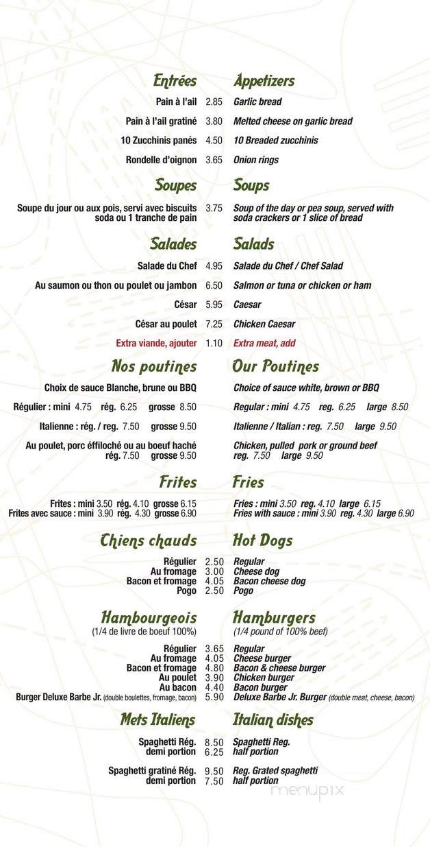 Restaurant Barbe Jr - Low, QC menu_pic