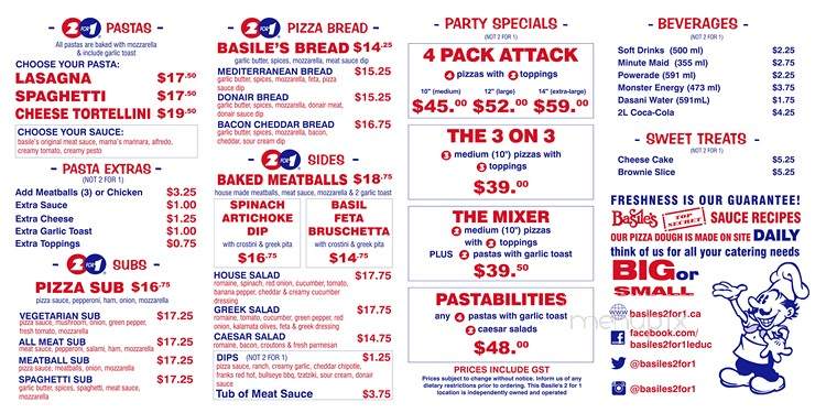 Basile's 2 For 1 Pizza & Pasta - Leduc, AB menu_pic