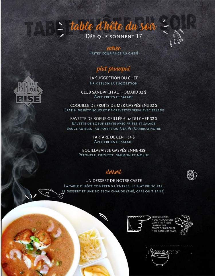 Restaurant Brise Bise - Gaspe, QC menu_pic