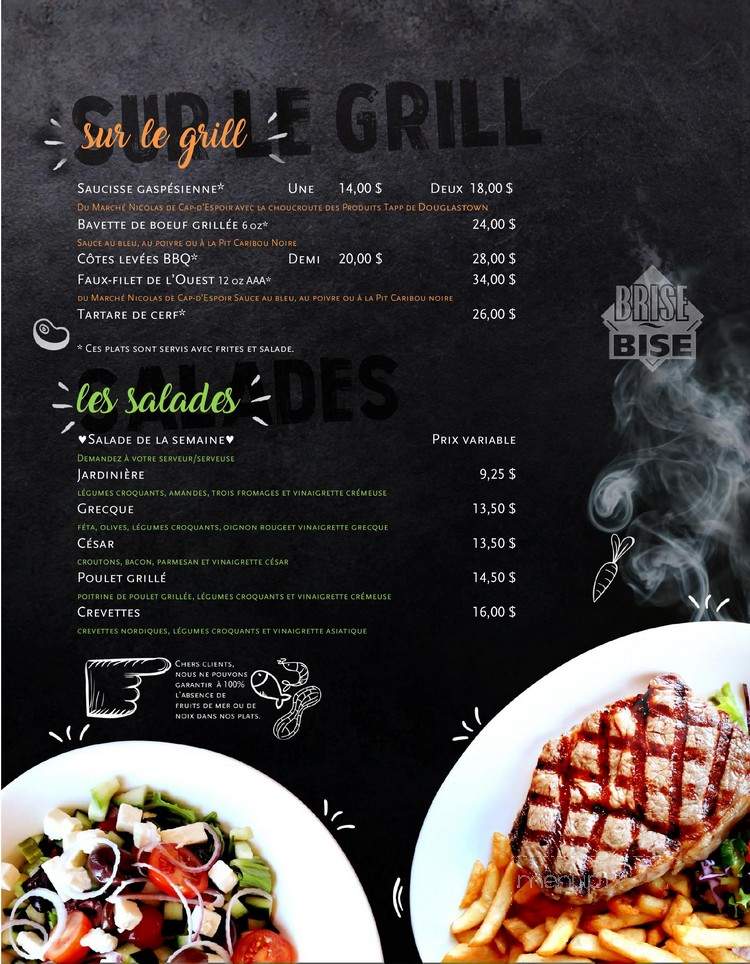 Restaurant Brise Bise - Gaspe, QC menu_pic