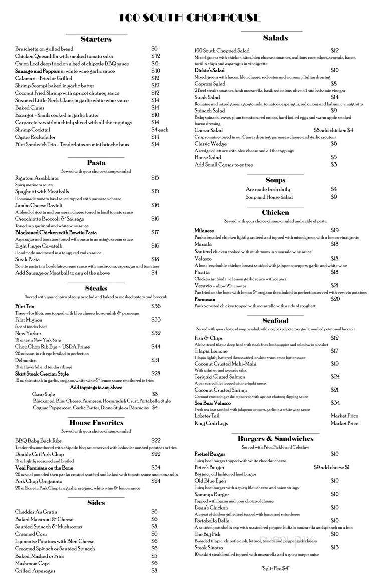 100 South Chop House & Grille - Elmhurst, IL menu_pic