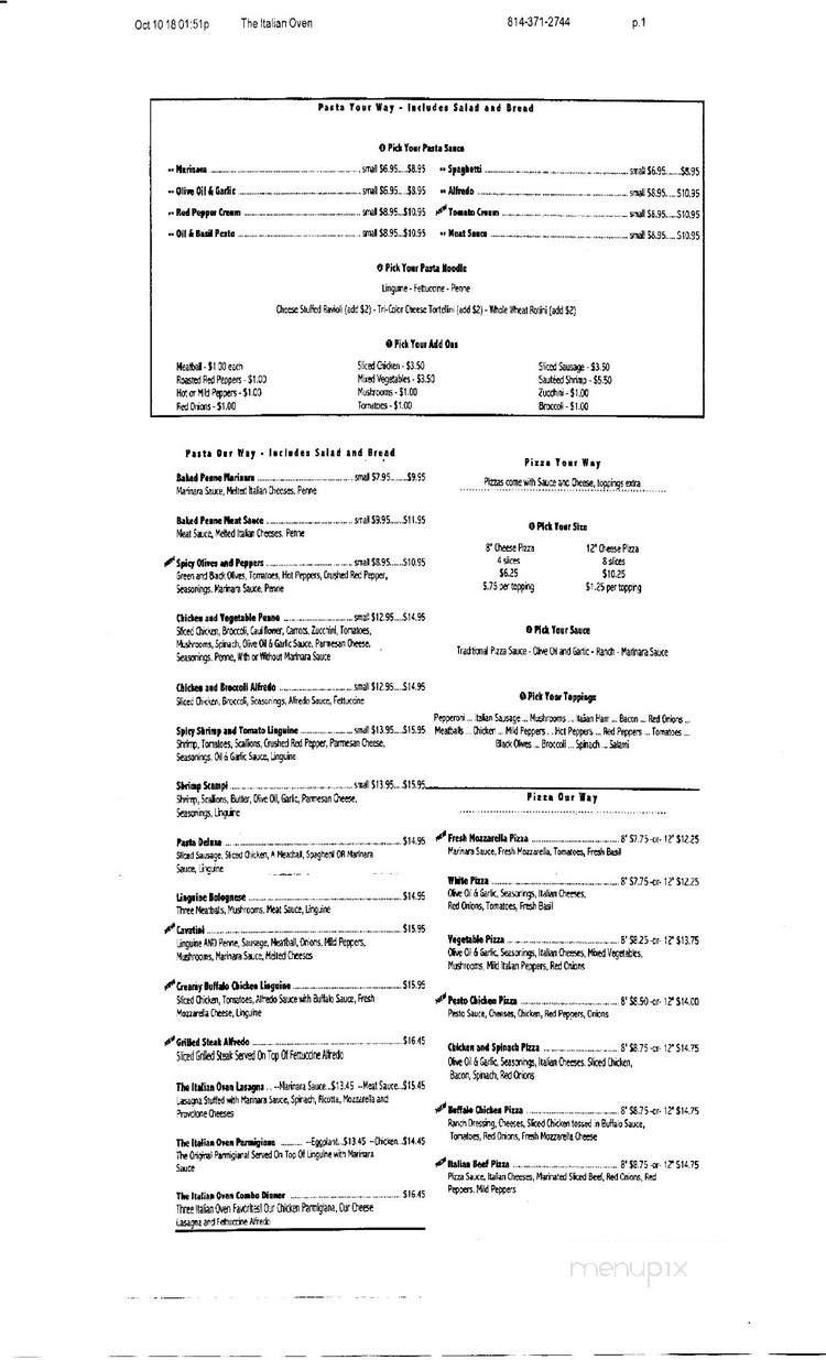 Italian Oven Restaurant - DuBois, PA menu_pic