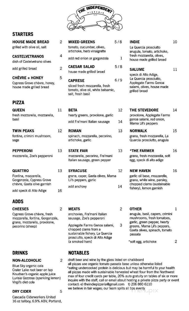 The Independent Pizzeria - Seattle, WA menu_pic