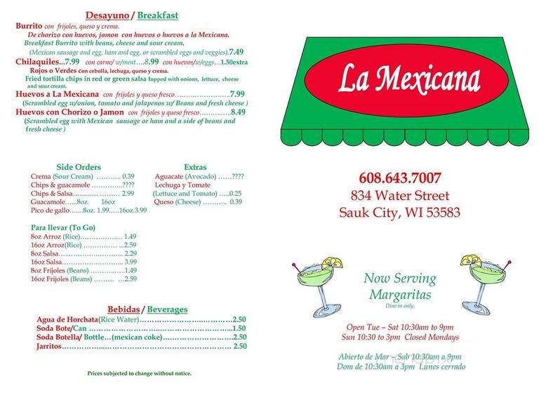 La Mexicana - Sauk City, WI menu_pic