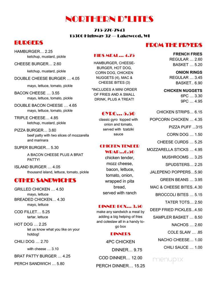 Northern D'lites - Lakewood, WI menu_pic