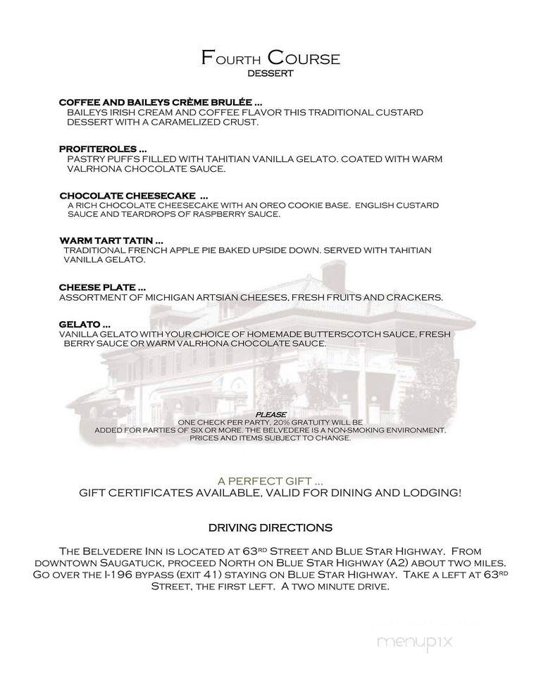Belvedere Inn & Restaurant - Saugatuck, MI menu_pic