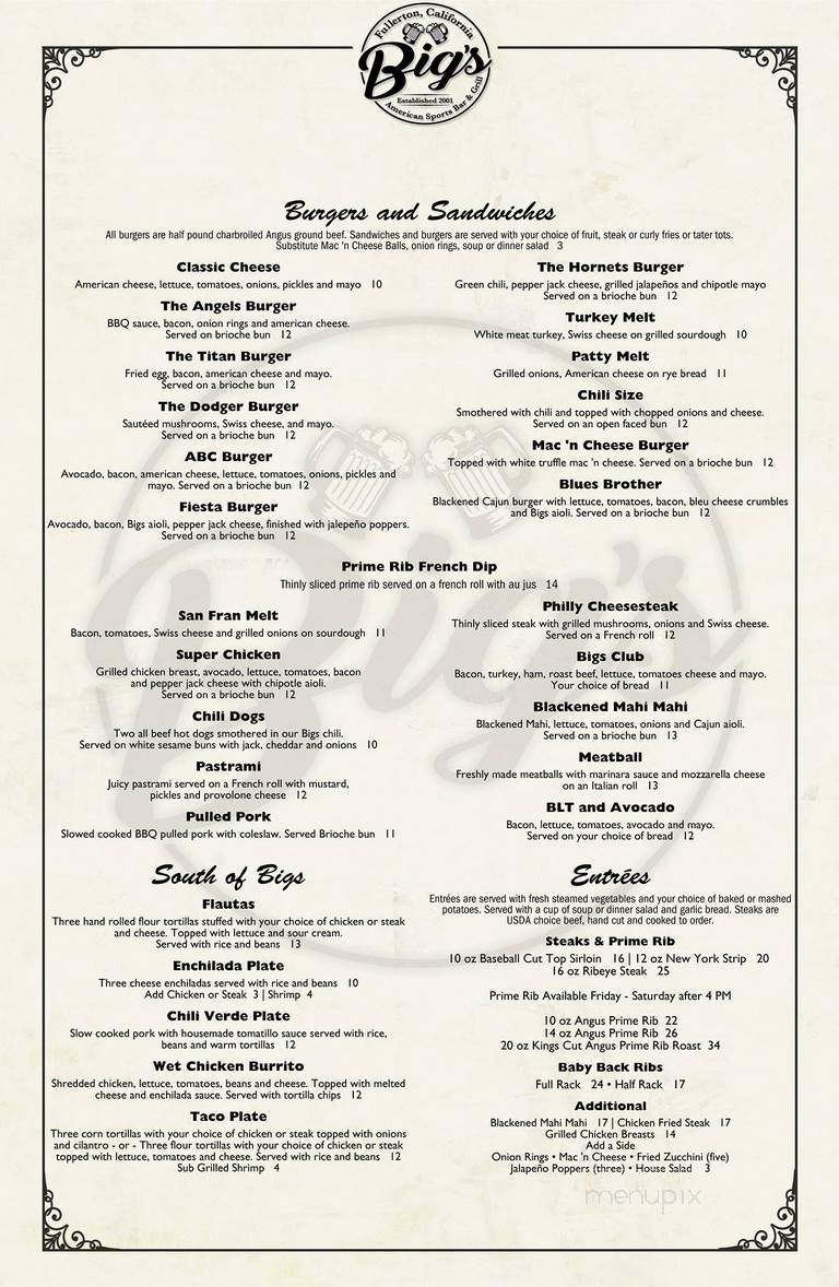 Big's Grill - Fullerton, CA menu_pic