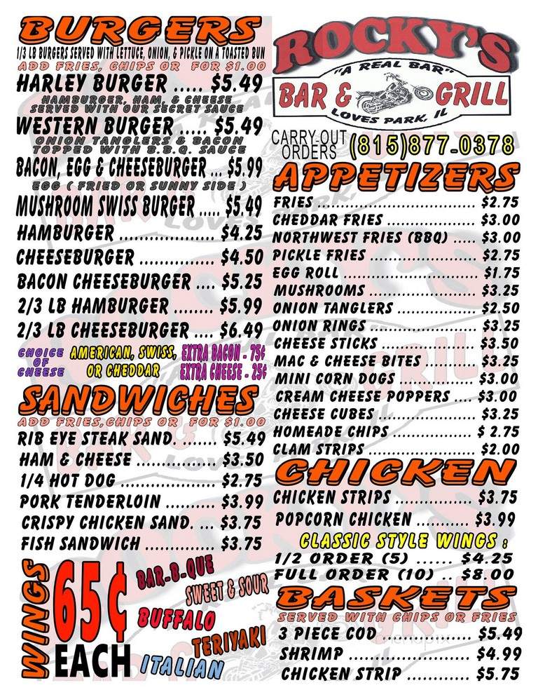 Menu of Rocky s Bar Grill in Loves Park IL 61111