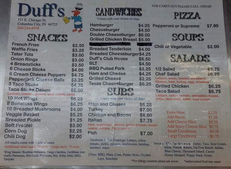 Duff's - Columbia City, IN menu_pic