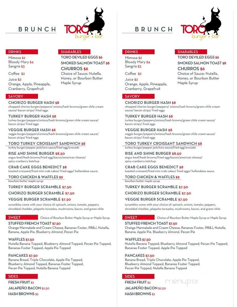 Toro Burger Bar - El Paso, TX menu_pic