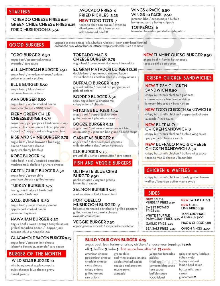 Toro Burger Bar - El Paso, TX menu_pic