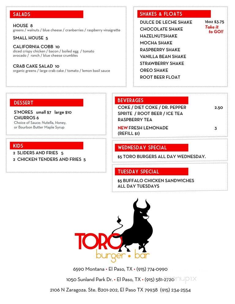 Toro Burger Bar - El Paso, TX menu_pic