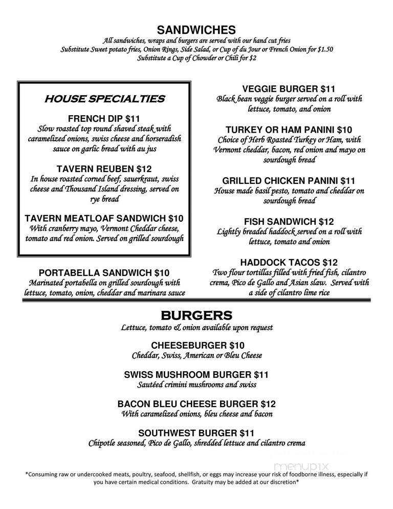 The Tavern Restaurant - Brattleboro, VT menu_pic