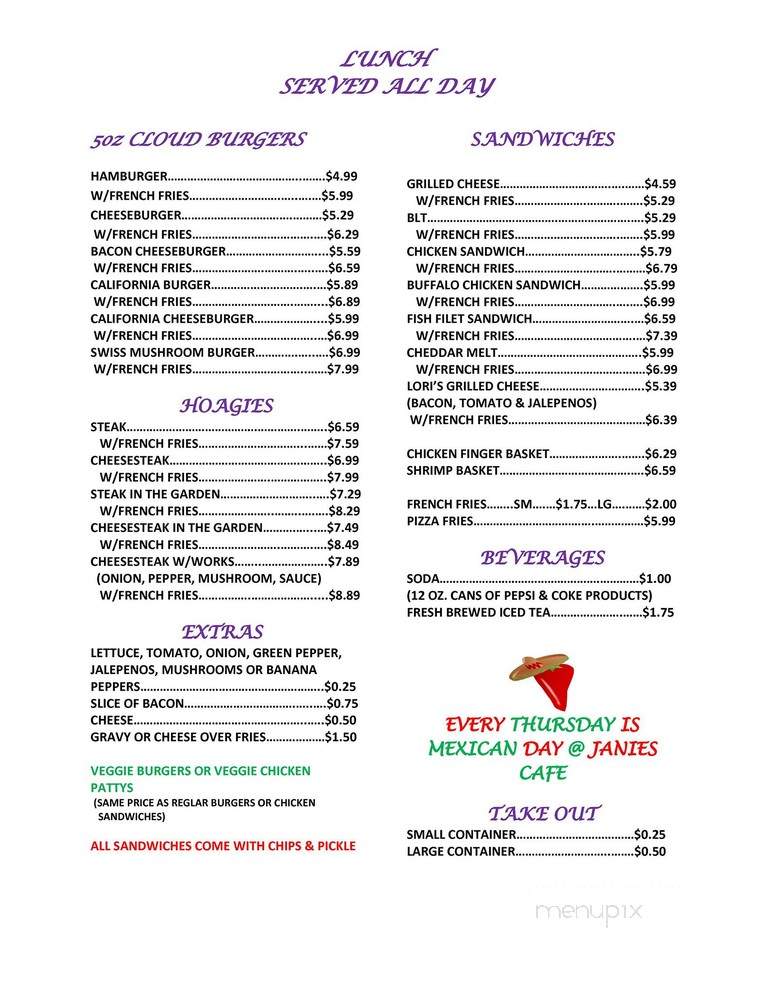 Janie's Cafe - Shamokin, PA menu_pic