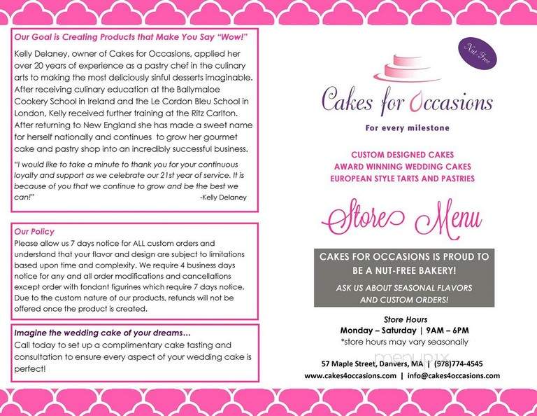 Cakes for Occasions - Danvers, MA menu_pic