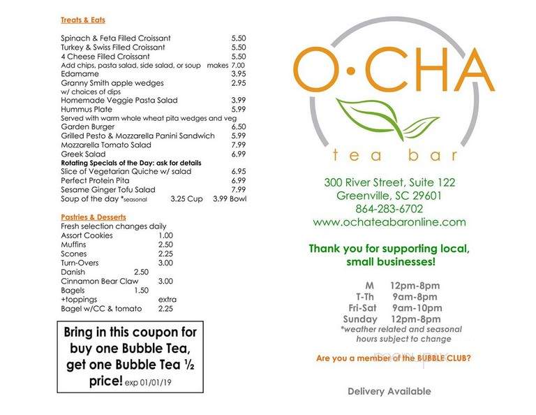 O-Cha Tea Bar - Greenville, SC menu_pic