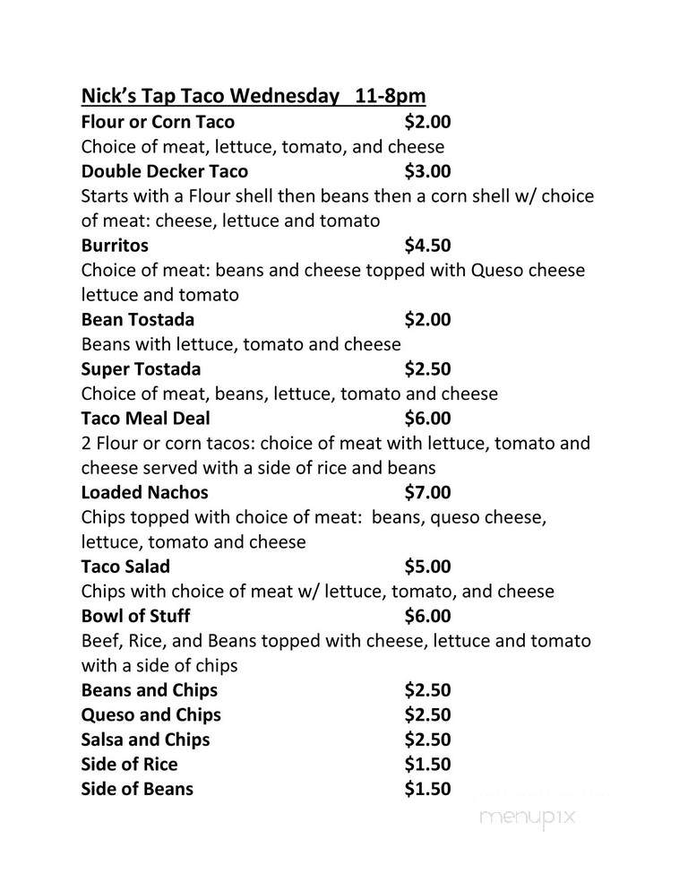Nick's Tavern - Rock Falls, IL menu_pic