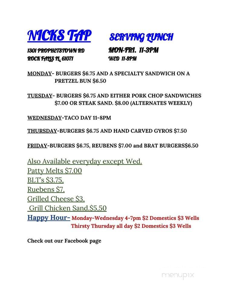 Nick's Tavern - Rock Falls, IL menu_pic