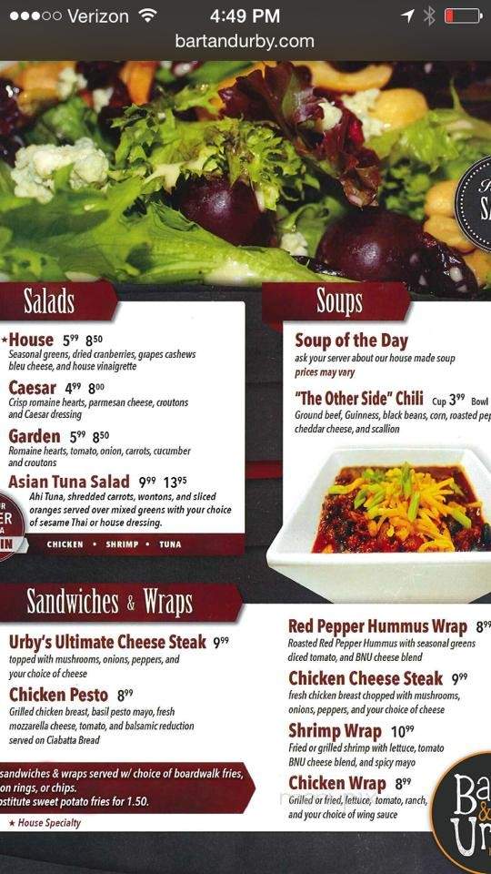 Bart & Urby's Downtown Bar & Bistro - Wilkes Barre, PA menu_pic