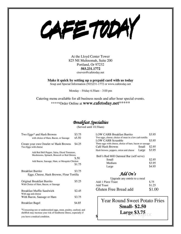 Cafe Today at the Lloyd Tower - Portland, OR menu_pic