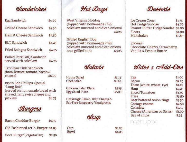 Trivillian's Pharmacy and Soda Fountain - Charleston, WV menu_pic