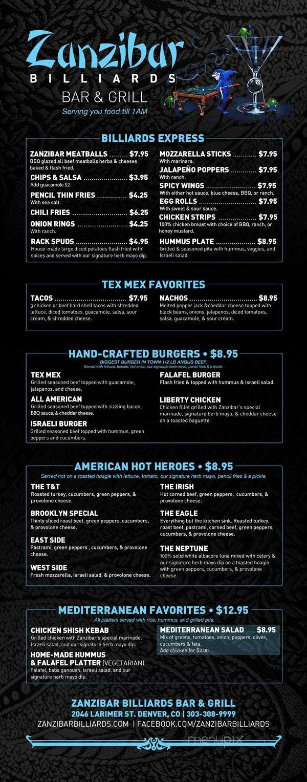 Zanzibar Billiards - Denver, CO menu_pic