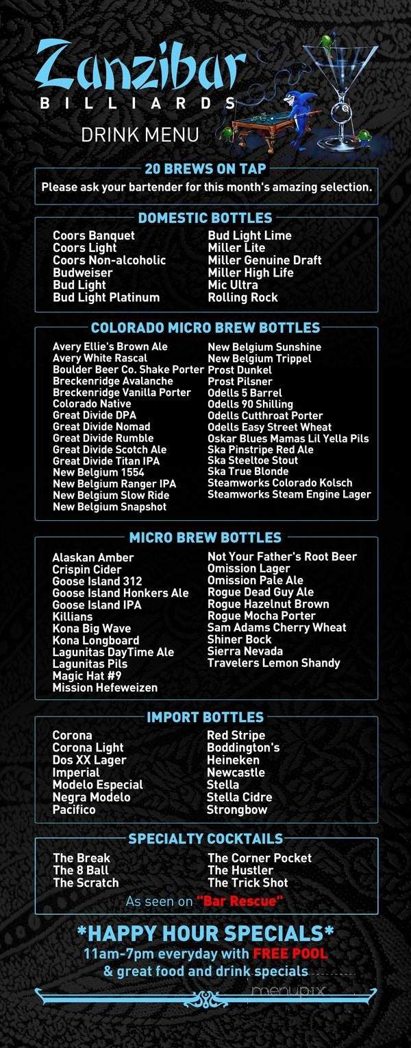 Zanzibar Billiards - Denver, CO menu_pic