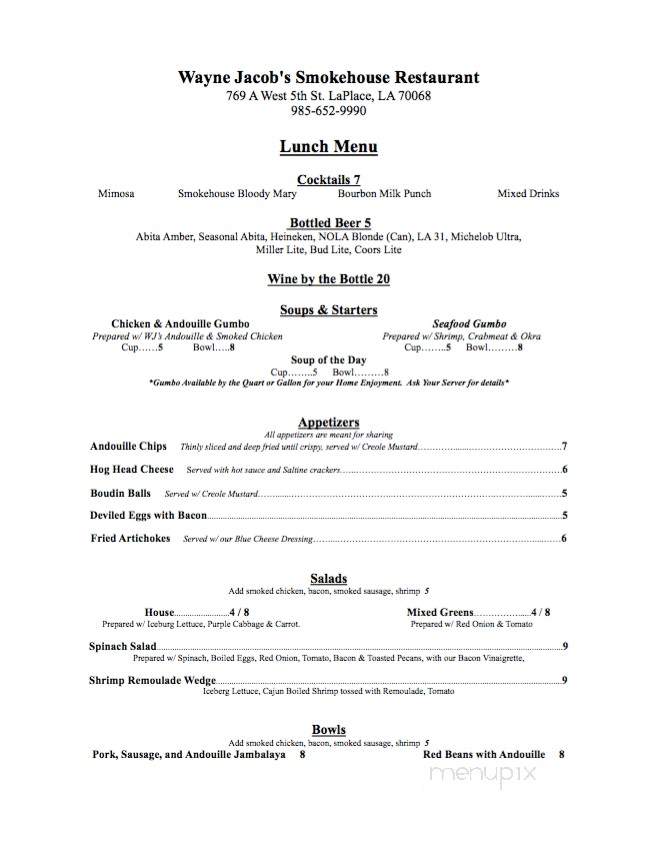 Wayne Jacob's Smokehouse & Restaurant - Laplace, LA menu_pic