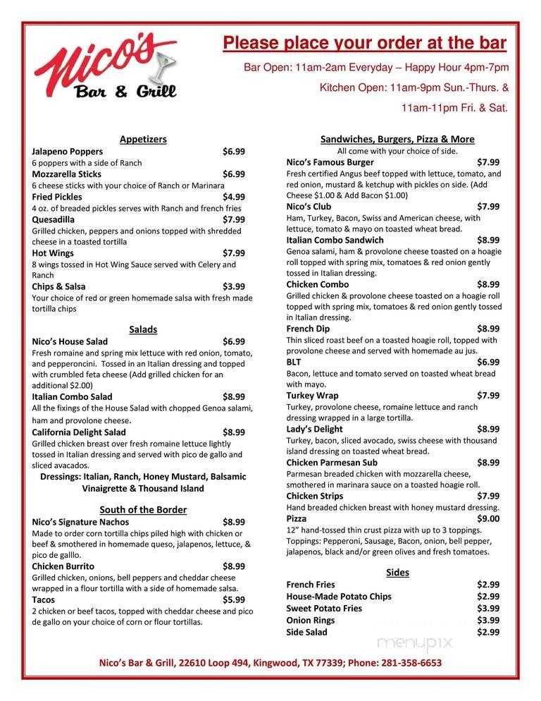 Nico's Place - Kingwood, TX menu_pic