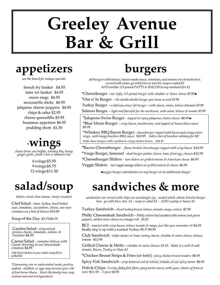 Greeley Avenue Bar & Grill - Portland, OR menu_pic