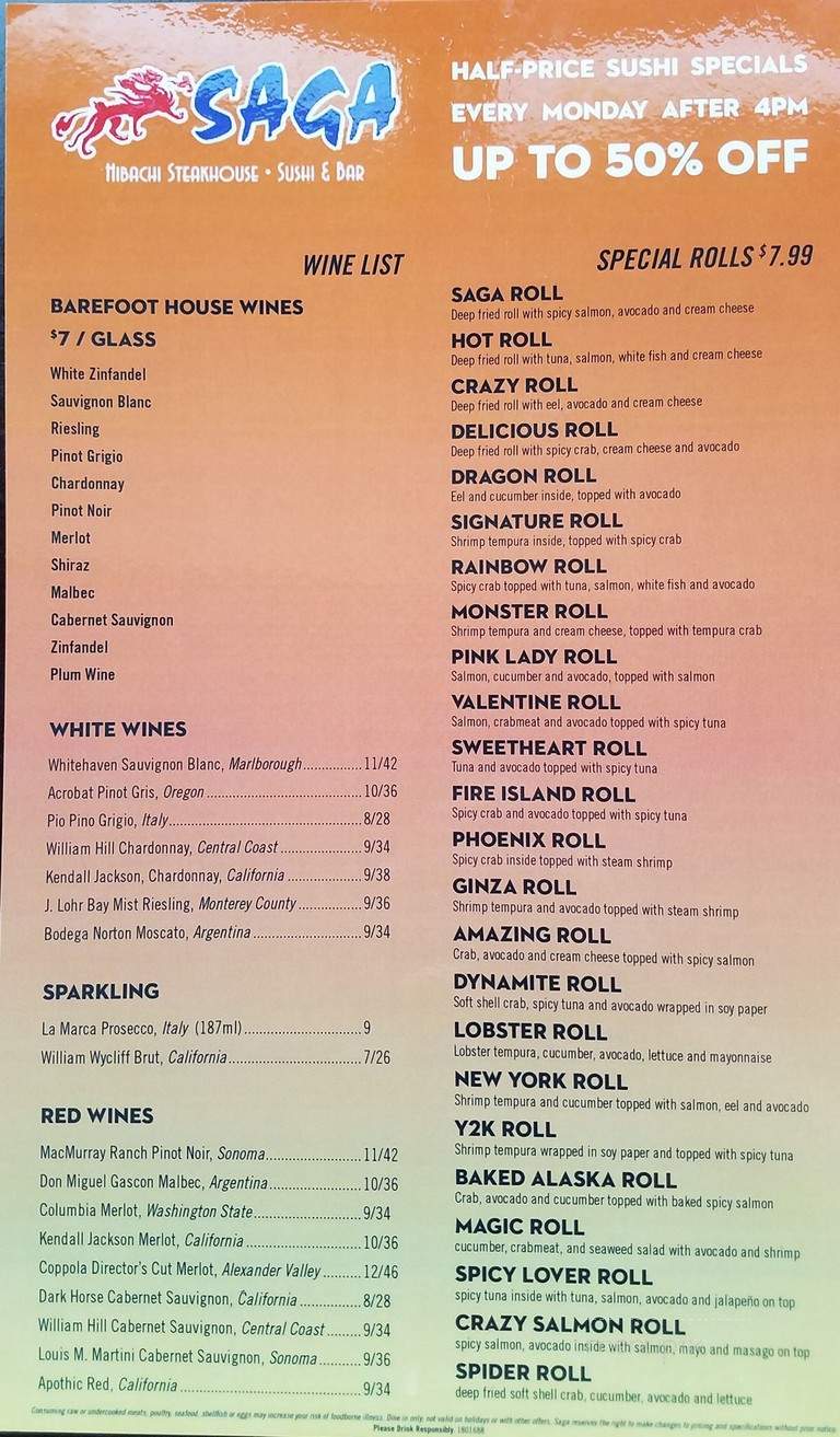 Saga Hibachi Steakhouse & Sushi Bar - Robinson Township, PA menu_pic