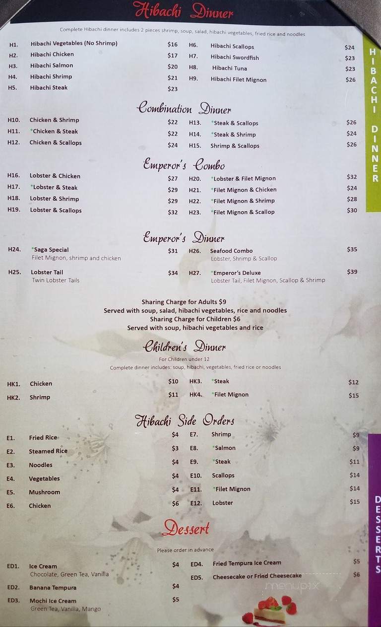 Saga Hibachi Steakhouse & Sushi Bar - Robinson Township, PA menu_pic