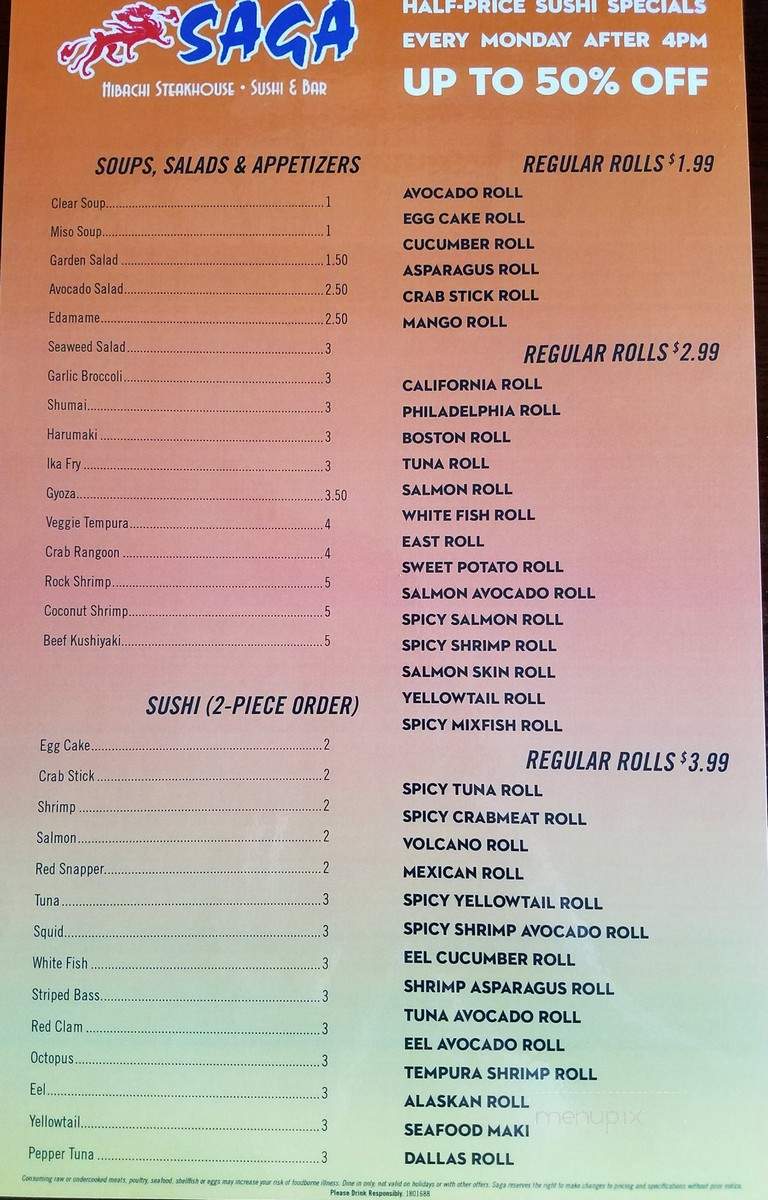 Saga Hibachi Steakhouse & Sushi Bar - Robinson Township, PA menu_pic
