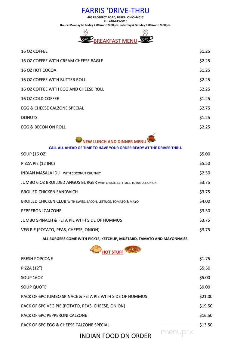 Farris's Drive-Thru Beverage - Berea, OH menu_pic