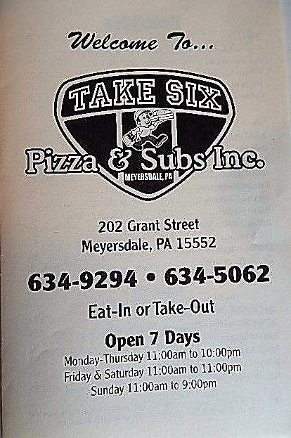 Take Six - Meyersdale, PA menu_pic