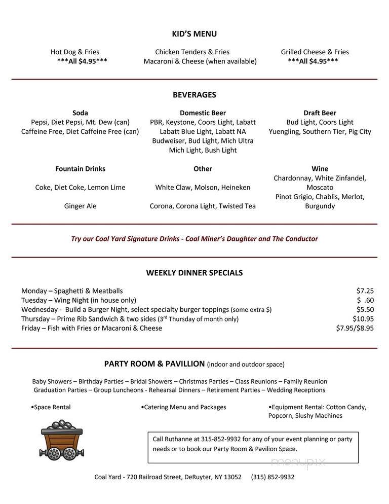 Coalyard Tavern - De Ruyter, NY menu_pic